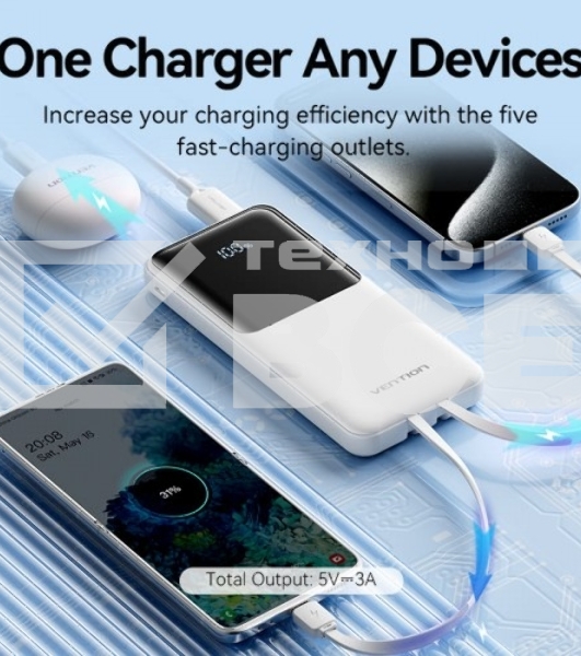 Портативный аккумулятор Vention Power Bank 10000mAh(Micro-USB/C/A/A) со встроенными кабелями 22.5W белый с LED Дисплеем, шт.