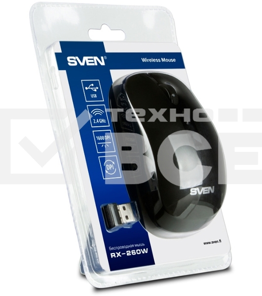 Мышь беспроводная SVEN RX-260W черный, 1600 dpi, радиоканал, USB, кнопки - 4