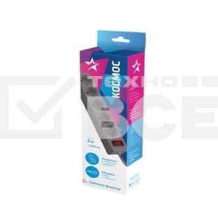 Удлинитель с сетевым фильтром Космос 5х3 м с заземл. 10А IP20 2.2 кВт 3х0.75 индикатор сети серый