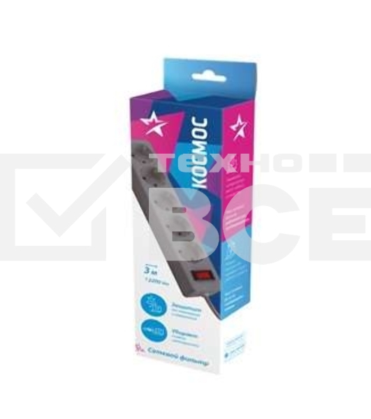 Удлинитель с сетевым фильтром Космос 5х3 м с заземл. 10А IP20 2.2 кВт 3х0.75 индикатор сети серый