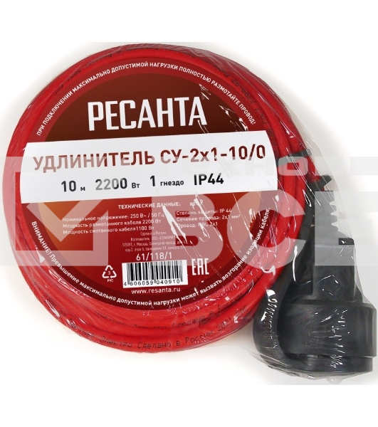 Удлинитель силовой Ресанта СУ-2х1-10/0 (IP44) (61/118/1) 2x1.0кв.мм 4розет. 40м ПВС катушка оранжевый