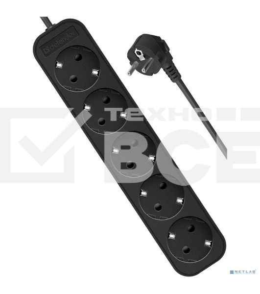 Удлинитель Defender с заземлением M518 1.8 м, 5 розеток, черный