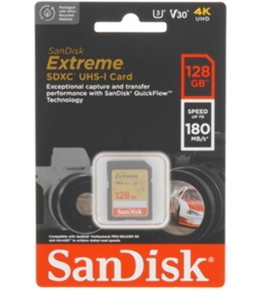 Флеш карта SD 128Gb SanDisk SDXC Class 10 V30 UHS-I U3 Extreme 180MB/s