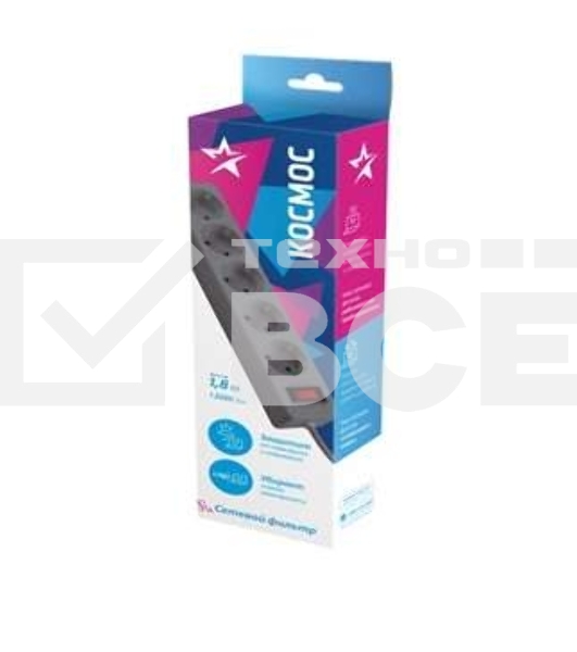 Удлинитель с сетевым фильтром Космос 5х1.8 м с заземл. 10А IP20 2.2 кВт 3х0.75 индикатор сети серый