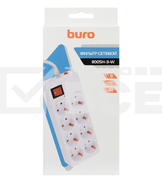 Сетевой фильтр Buro 800SH-3-W 3м (8 розеток) белый (коробка)