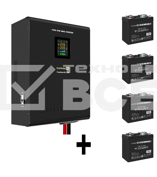 Комплект Источник бесперебойного питания EX296005RUS + батарея 55Aч EX285667RUS 4шт (инвертор, синус, для котла, настенный) ExeGate FineSine SX-7000.LCD.AVR.2SH.T <7000VA/5000W, чистая синусоида, цветной LCD-дисплей, AVR, 2*Schuko+клеммы, линейно-интеракт