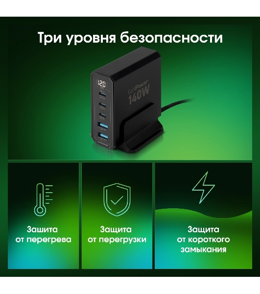 Настольное зарядное устройство Digma Pro DPW10A 140W 5A (PD+QC) 3хUSB-C/2xUSB-A универсальное черный (DPW1A4G024BK)