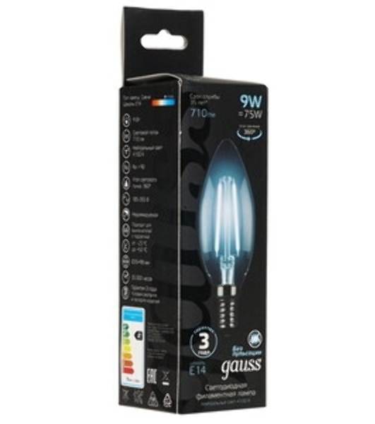 Лампа светодиодная Gauss Filament 103201209-D 9Вт цок.: E14 свеча 220B св. свеч. белый нейт. (упак.: 10 шт)