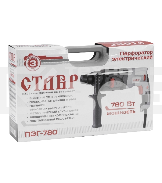 Перфоратор Ставр ПЭГ-780 SDS-plus [ст780пэг] { 780Вт, 0 -1100об/мин, 0-4500уд/мин, 3Дж, 3 режима работы, реверс, SDS-plus, кейс }