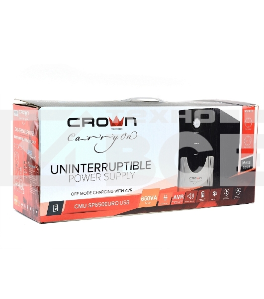 Источник бесперебойного питания CROWN Line Intractive CMU-SP650EURO USB 650VA\390W, корпус металл, 1x12V/7AH, розетки 2*EURO+3*IEC, трансформатор AVR 140-290V, съёмный кабель 1.2 м, порт RJ11/45, порт USB, защита: от перегрузки, от КЗ, от скачков напражен