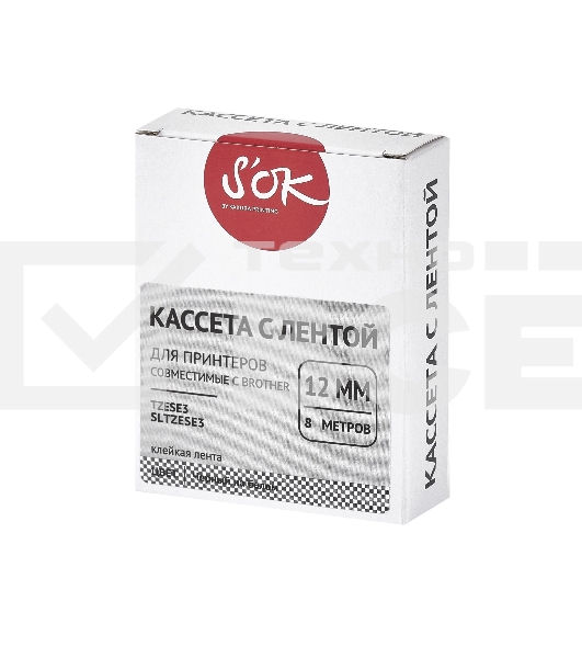 Кассета с лентой S'OK by Sakura Printing TZESE3 для Brother, черный на белом, 12мм/8м, наклейка