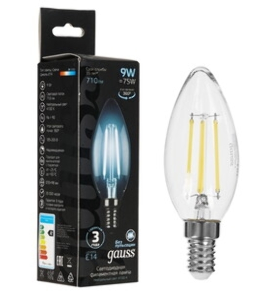 Лампа светодиодная Gauss Filament 103201209-D 9Вт цок.: E14 свеча 220B св. свеч. белый нейт. (упак.: 10 шт)