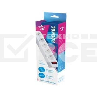 Удлинитель с сетевым фильтром Космос 5х3 м с заземл. 10А IP20 2.2 кВт 3х0.75 индикатор сети белый