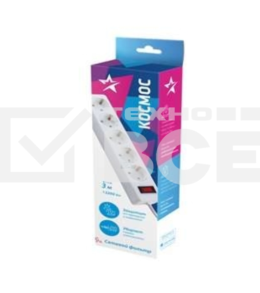 Удлинитель с сетевым фильтром Космос 5х3 м с заземл. 10А IP20 2.2 кВт 3х0.75 индикатор сети белый