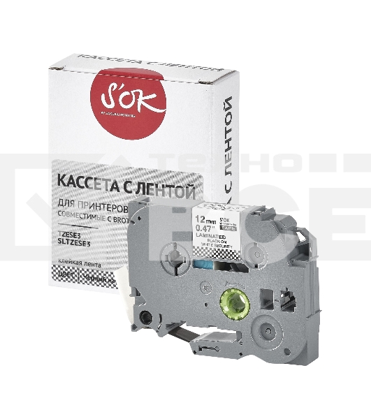 Кассета с лентой S'OK by Sakura Printing TZESE3 для Brother, черный на белом, 12мм/8м, наклейка