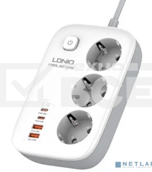 Сетевой удлинитель LDNIO SE3436/ 2м/ 3 розетки/ 3250W/ 4 USB: QC 4.0+PD 3.0+PPS/ GAN 65W/ белый
