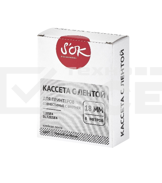 Кассета с лентой S'OK by Sakura Printing TZESE4 для Brother, черный на белом, 18мм/8м, наклейка