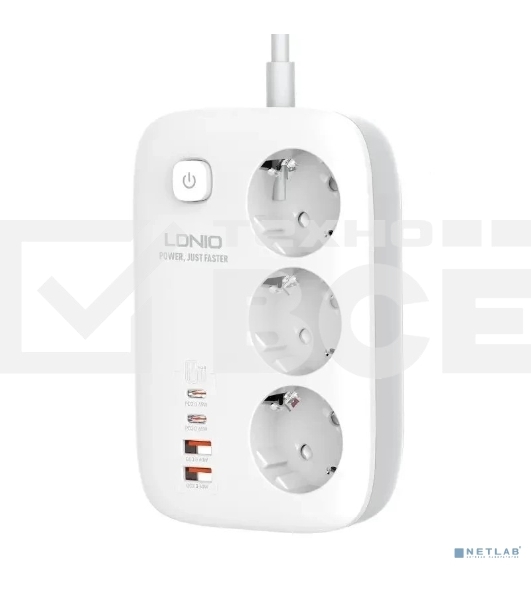 Сетевой удлинитель LDNIO SE3436/ 2м/ 3 розетки/ 3250W/ 4 USB: QC 4.0+PD 3.0+PPS/ GAN 65W/ белый