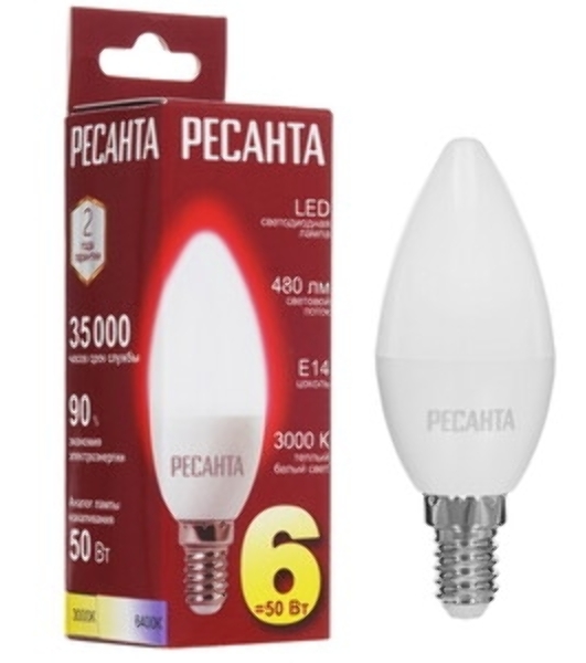 Лампа светодиодная Ресанта LL-R-C37-6W-230-3K-E14 свеча, 6 Вт, теплый, Е14