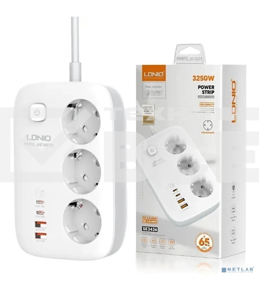Сетевой удлинитель LDNIO SE3436/ 2м/ 3 розетки/ 3250W/ 4 USB: QC 4.0+PD 3.0+PPS/ GAN 65W/ белый