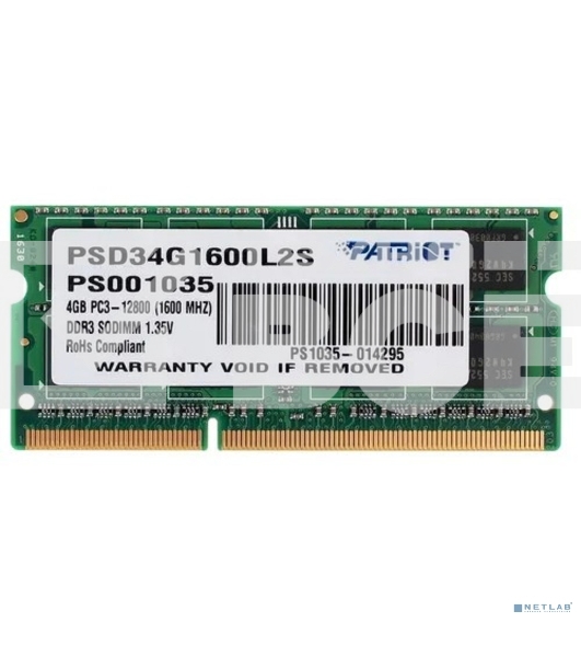 Оперативная память Patriot, DDR3L, 4GB (1x4 GB), 1600 MHz, CL11, SO-DIMM