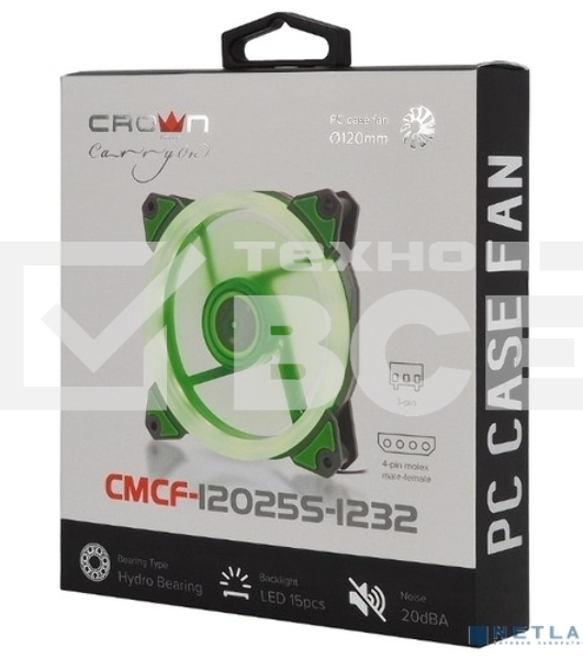 Вентилятор для корпуса Crown CMCF-12025S-1232 черный/зеленый, 120 мм, 1650 об/мин, 23 дБ, 3 pin