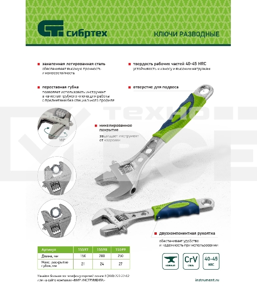 Ключ разводной, 200мм, переставная губка, 2-х комп.рукоятка Сибртех