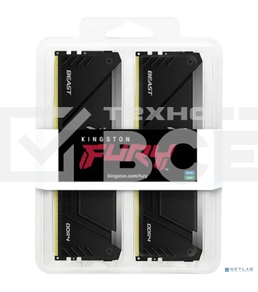 Оперативная память Kingston Fury Beast, DDR4, 32GB (2x16GB), 3200MHz, CL16, с радиатором, RGB, чёрный