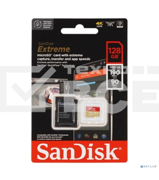 Флеш карта microSDXC 128GB SanDisk EXTREME Class 10, UHS-I, W90, R 190 МБ/с, SDSQXAA-128G-GN6MA адаптер на SD