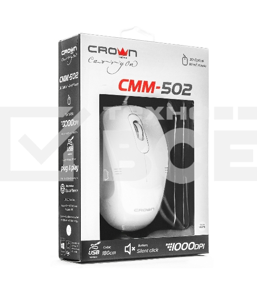 Мышь проводная Crown CMM-502 белый, 1000 dpi, USB, кнопки - 3