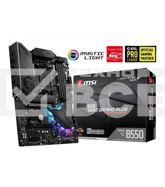 Материнская плата MSI MPG B550 GAMING PLUS, AM4, AMD B550, 4xDDR4, 6xSATA, 2xM.2, 1xPCI-E 4.0 x16, 1xPCI-E 3.0 x4, 2xPCI-E x1, 1xHDMI, 1xDP, 1x 1Gb LAN, 4xUSB-A 2.0, 2xUSB-A 3.2 Gen 1, 1xUSB-A 3.2 Gen 2, 1xUSB-C 3.2 Gen 2, 5x3.5 мм, 7.1, ATX