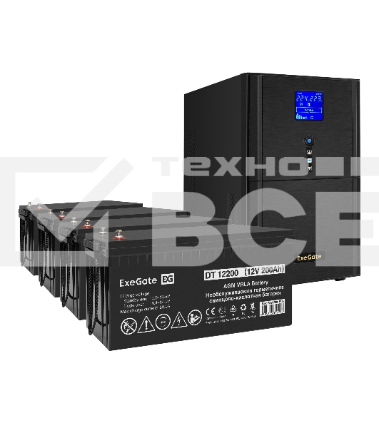 Комплект ИБП EX295991RUS + батарея 200Aч EX282991RUS 4шт (инвертор, синус, для котла) ExeGate SineTower SZ-5000.LCD.AVR.2SH.1C13.T.RJ.USB <5000VA/4000W, чистый синусоида, LCD дисплей, AVR, 2*Schuko+1*C13+клеммы, RJ45/11, USB, линейно-интерактивный, Black>