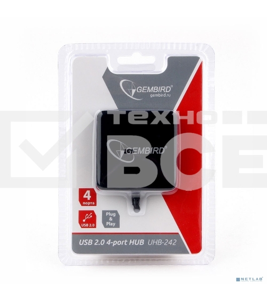 Концентратор USB 2.0 Gembird UHB-242, 4 порта, блистер, черный
