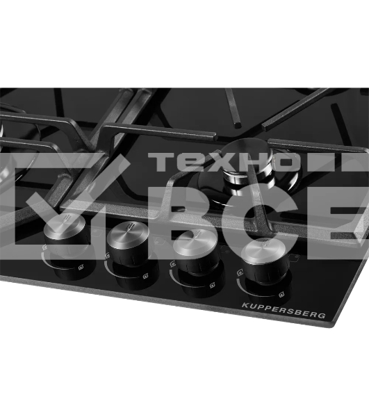Газовая варочная поверхность Kuppersberg FG 62 B Газовая варочная поверхность, закаленное стекло, ширина 60 см, 4 газовые конфорки, WOK конфорка(3,8 кВт), автоподжиг, газ-контроль, чугунные решетки, цвет черный