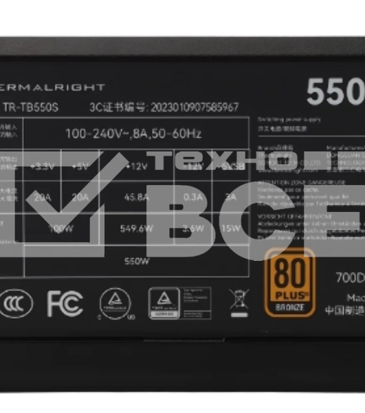 Блок питания Thermalright TR-TB550S, 550W 80+ Bronze (ATX, 3, Non-modular, 1x24(20+4)pin 550mm, 1xCPU*2 8(4+4)pin 600+150mm, 1xPCIe 8(6+2)pin 450mm, 1xSATA*3+MOLEX4pin*1 400+150+150+150mm, 1xSATA*2+MOLEX4pin*2 400+150+150+150mm, Active, 120x120mm, 150x140