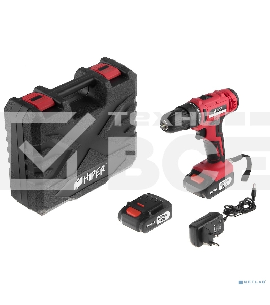 Дрель аккумуляторная Hiper 12В, 30Нм, 2Ач, 2 скорости, 2 акк, Li-ion, БЗП 10мм, кейс