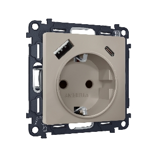 Комплект механизма электрической розетки ALFA Серо-бежевый матовый 2USB A+C 20W (быстрая зарядка) с/з QUANT (AP3700, VM160) MA370010