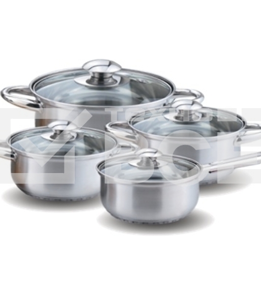 Набор посуды KELLI KL-4202 8 пред. (Ковшик 2л. Кастрюля 2 л. Кастрюля 2,6 л. Кастрюля 3,6 л. Высококачественная нерж. сталь 18/10. 5-ти слойное капсульное дно. Жаропрочные стекл. крышки.)
