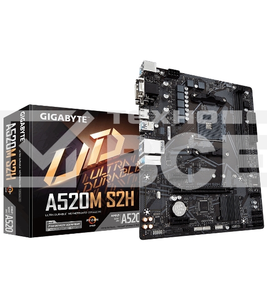 Материнская плата Gigabyte A520M S2H, AM4, AMD A520, 2xDDR4, 4xSATA, 1xM.2, 1xPCIe 3.0 x16, 2xPCIe x1, 1xHDMI, 1xDVI-D, 1xVGA, 1x 1Gb LAN, 4xUSB-A 3.2 Gen 1, 2xUSB-A 2.0, 3x3.5 мм, 7.1, mATX