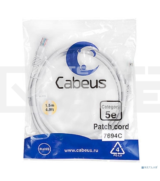 Шнур комм. Cabeus, кат. 5е, неэкр., U/UTP, RJ45/RJ45, PVC, AWG24, 1.5м, белый