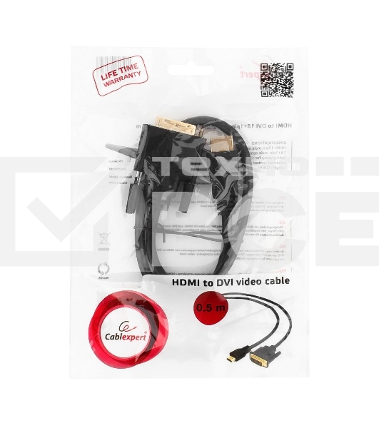Кабель HDMI-DVI Cablexpert CC-HDMI-DVI-0.5M, 19M/19M, single link, медь, позол.разъемы, экран, 0.5м, черный, пакет