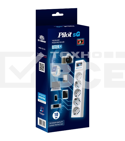 Сетевой фильтр ZIS PILOT Surge protector Pilot SG5 5 outlets (GP), 10A / 2.2kVt, automatic circuit-breaker, 10 m
