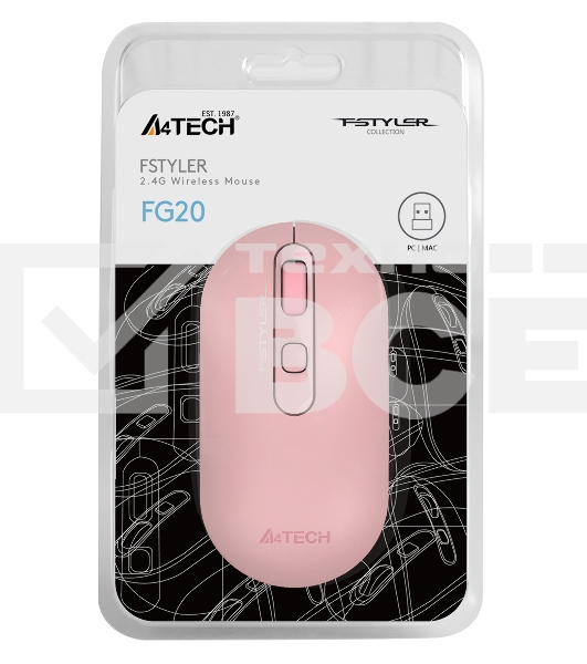 Мышь беспроводная A4Tech Fstyler FG20 розовый, 2000 dpi, радиоканал, USB, кнопки - 4