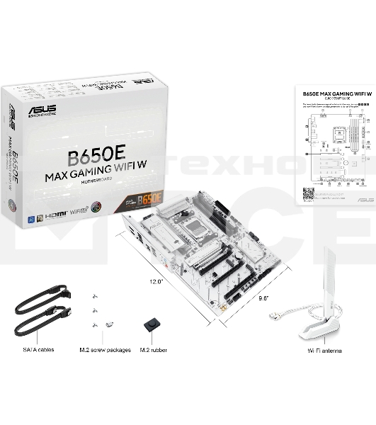 Материнская плата ASUS B650E MAX GAMING WIFI W, AM5, AMD B650, 4xDDR5, 4xSATA, 3xM.2, 1xPCIe 5.0 x16, 1xPCIe 4.0 x4, 2xPCIe 3.0 x1, 1xDP, 1xHDMI, 1x2.5Gb LAN, Wi-Fi 6E, Bluetooth 5.3, 1xUSB-C 10Gbps, 3xUSB-A 10Gbps, 2xUSB-A 5Gbps, 2xUSB-A 2.0, 3x3.5 мм, 7