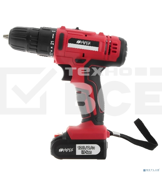 Дрель аккумуляторная Hiper 12В, 30Нм, 2Ач, 2 скорости, 2 акк, Li-ion, БЗП 10мм, кейс