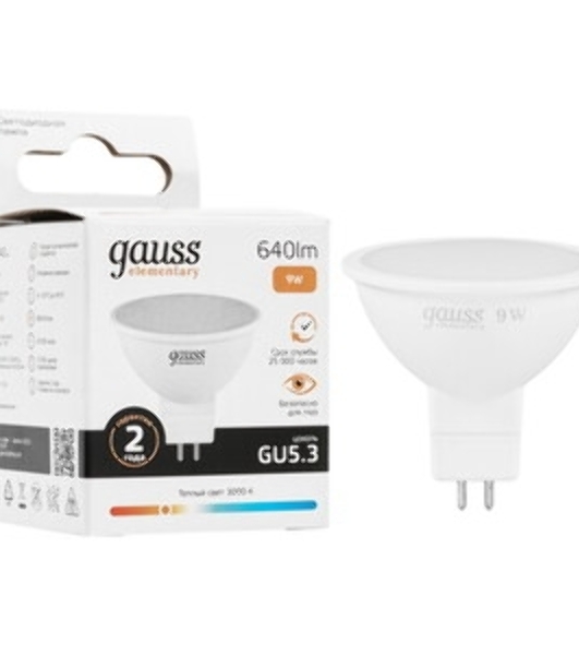 Лампа светодиодная Gauss Elementary MR16 9Вт цок.: GU5.3 спот 220B 2700K св. свеч. бел. теп. MR16 (упак.: 10 шт)