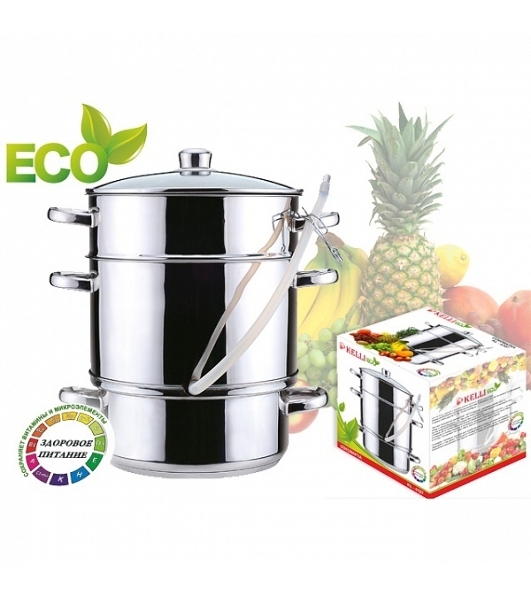 Соковарка KELLI KL-4107 8,0л(Объем 8 л. 3х-слойное капсульное дно. Дуршлаг для фруктов, овощей, ягод. Прозрачная стеклянная крышка с паровыпуском. Удобные ручки не нагреваются. Высококачественная нерж. сталь 18/10. Зеркальная полировка. Подходит к индукционным плитам.)