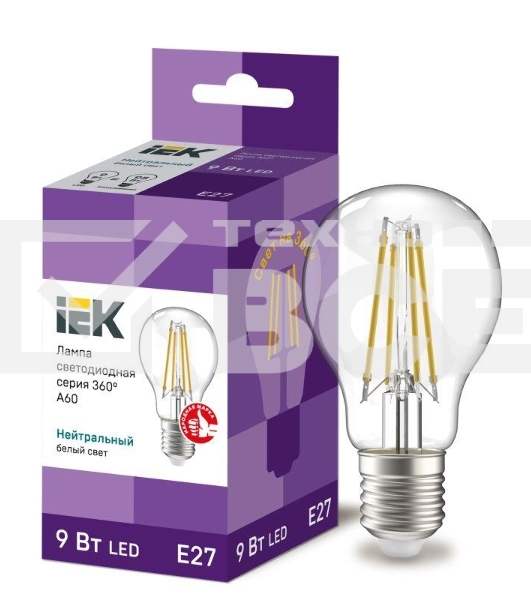 Лампа LED A60 шар прозр. Iek LLF-A60-9-230-40-E27-CL 9Вт 230В 4000К E27 серия 360°