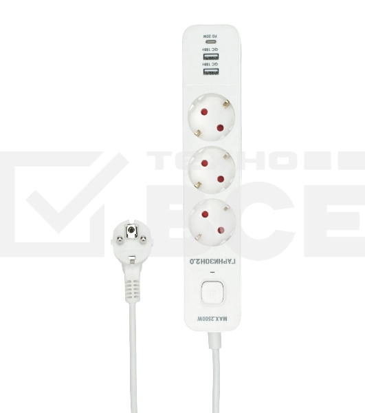Сетевой фильтр Гарнизон EPS-3-CU2-W-2 2.0 Мультипорт 3р, 10А, 1xType-C PD, 2 х USB QC, 2м, ур.защиты 2+, белый, пак (21448)