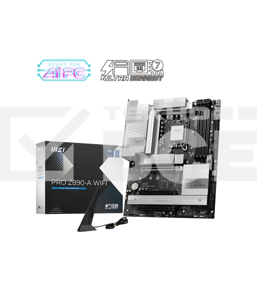 Материнская плата MSI PRO Z890-A WIFI, LGA 1851, Intel Z890, 4xDDR5, 4xSATA, 4xM.2, 1xPCIe 5.0 x16, 2xPCIe 4.0 x4, 1xHDMI, 2xUSB-C Thunderbolt 4, 1xUSB-C 3.2 Gen 2, 3xUSB-A 3.2 Gen 2, 4xUSB-A 3.2 Gen 1, 1x 5Gb LAN, 2x3.5 мм, 7.1, ATX